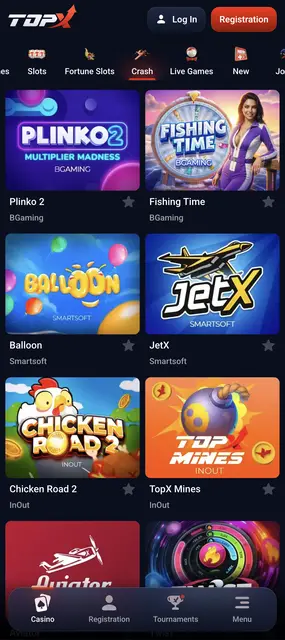 Categoría crash con JetX y Plinko 2 en la versión móvil de TopX